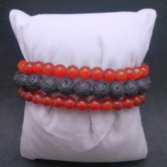 Artisan Carnelian Beaded Bracelet Trio Gemstone Stretch Lava Stones Diffuser NEW - Picture 12 of 13